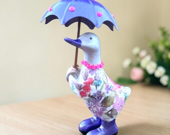 Floral Duck Ornament with Umbrella, Decoupage Ducks Figurine Garden Decor, Unique Home Decor Gift