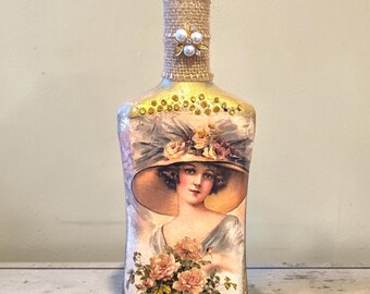 Vintage Lady Decoupage Bottle, Romantic Home Decor, LED Light Bottle