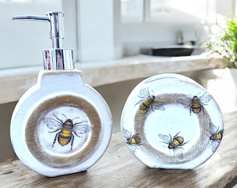 Dispensador de jabón y portacepillos de dientes, decoración de baño con diseño de abeja, accesorios de tocador.
