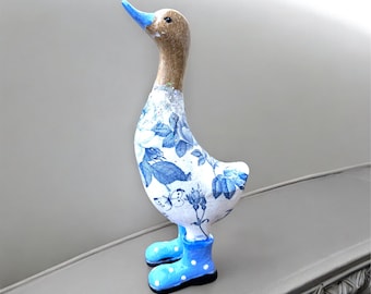 Patos de madera, pato de bambú, pato chinoiserie, adorno de pato, decoración azul y blanca