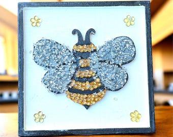 Joyero de abeja 3D, joyero de madera adornado, decoración dorada y plateada, recuerdo de cristal.