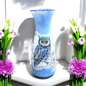 Owl Vase, Glass Vase, Blue Owl Vase, Wine Carafe, Water Carafe, Vase for Flowers, Owl Gifts, Mothers Day Gifts, Owl Home Decor, Gift for Mum