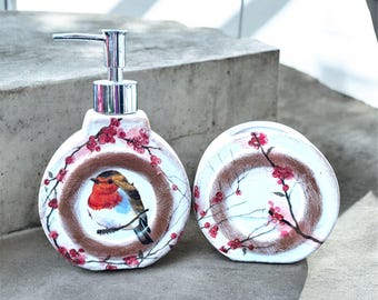 Dispensador de jabón y portacepillos de dientes, Robin Bathroom Decor, Accesorios de tocador