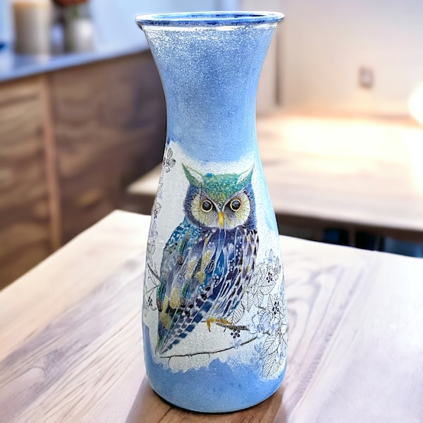 Glass Vase, Vase for Flowers, Owl Vase, Blue Owl, Owl Decor, Unique Vase, Colourful Vase, Pretty Vases, Owl Gifts, Owl Home Decor, Gift Idea