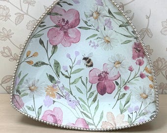 Vintage Floral Trinket Dish, Decoupage Glass Plate,  Key Bowl, Handmade Jewellery Dish, Gift for Her