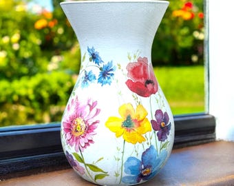 Poppy Vase, Bouquet Vase, Pretty Vases, Floral Vase, Vase with Poppies On It, Gift for Mum, Vase for Mum, Vase for Nan, Frosted Vase, Gifts