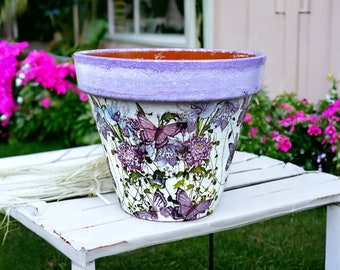 Purple Floral Plant Pot - Rustic Garden Decor - Garden Decor - Outdoor Planter - Indoor Flower Pots - Butterfly Gifts - Unique Home Decor