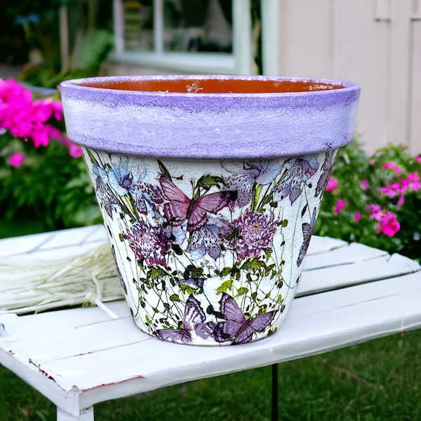 Purple Floral Plant Pot - Rustic Garden Decor - Garden Decor - Outdoor Planter - Indoor Flower Pots - Butterfly Gifts - Unique Home Decor