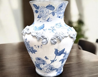 Jarrón de estilo chinoiserie, regalos en azul y blanco, decoración floral, jarrón para flores, arte oriental para el hogar