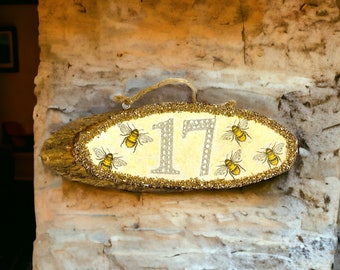 Handcrafted Natural Wood Bee House Number Sign -  Custom Wooden Address Plaque for Garden - Unique Bee-Friendly Housewarming Gift