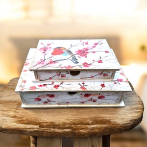 Gestapelde sieradendoosjes, houten snuisterijdoos, Robin-decor, opberglades, gepersonaliseerd cadeau
