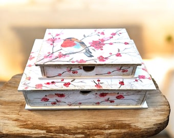 Joyeros apilables, caja de baratijas de madera, decoración de petirrojos, cajones de almacenamiento, regalo personalizado