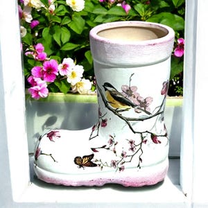 Welly Planter, Boot Planter, Pretty Planter, Blossom Gift, Bird Planter, Mini Plant Pot, Ceramic Rain Boot Planter, Gift for Mum, Home Decor