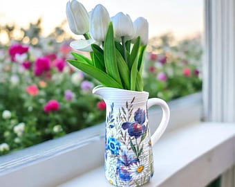 Jarrón floral con tulipanes artificiales, jarrón azul pradera para flores, regalos de iris