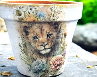Maceta con forma de león, maceta de terracota, regalos para cachorros de león, soporte para flores, decoración de jardín.