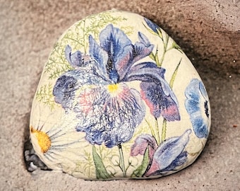 Handmade genuine Cornish pebble with floral iris decoupage design