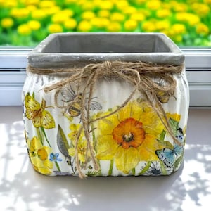 Könnte beinhalten: Quadratischer grauer Betontopf mit einem Blumendesign mit gelben Narzissen, Schmetterlingen und Bienen. Der Topf ist mit einer braunen Schnur gebunden.