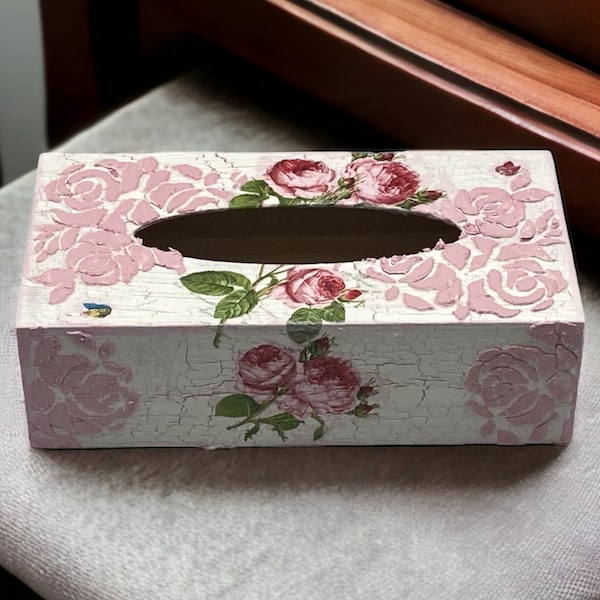 Handmade 3D Tissue Box Cover with Multimedia Rose - Elegant Home Decor and Gift - Floral Paper Holder - Unique 3D Art Tissue Box