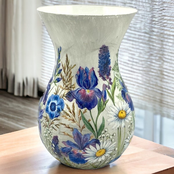 Iris and Meadow Flowers Glass Vase: Floral Art for Elegant Home Decor, Nature-Inspired Centerpiece and Unique Bouquet Holder,