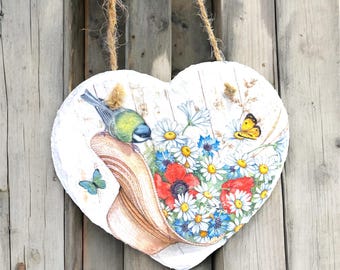 Corazón de pizarra, adorno de pared, regalo floral con pájaros, decoración rústica de jardín, placa hecha a mano