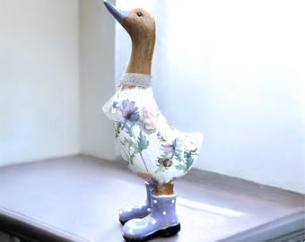 Adorno de pato, pato de bambú, patos de madera, pato floral, patos vintage, pato con botas de agua, regalo para mamá, decoración floral vintage para el hogar
