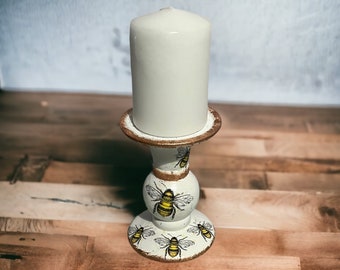 Handcrafted Bee Candlestick Holder with Beeswax Candle - Unique Home Decor and Gift - Handcrafted Bee Candlestick and Candle Centerpiece