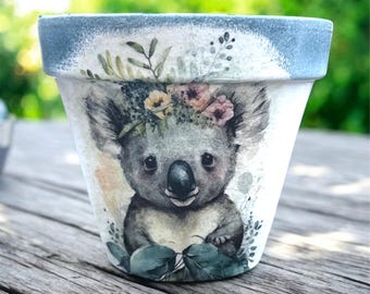 Maceta con diseño de koala, maceta de terracota, regalos con motivos de koalas, soporte para flores, decoración de jardín.