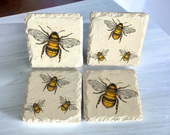 Handcrafted Bee Slate Coasters - Unique Home Decor - Natural Stone Drink Mats with Bees - Gift for Nature Lovers and Garden Enthusiasts