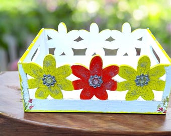 Caja de madera con diseño de conejito floral, soporte para huevos de Pascua, caja de almacenamiento, decoración de primavera