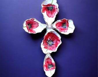 Cruz de concha de ostra, decoración de amapolas, símbolo religioso, cruces católicas, arte costero, regalos cristianos