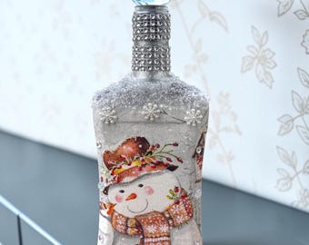 Snowman Christmas Bottle, Festive Glass Lamp, Christmas Decoration, Winter Home Decor