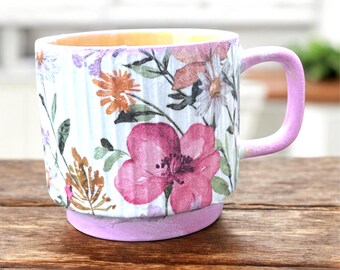 Coffee Cup, Ribbed Mug, Unique Drinkware, Kitchen Decor, Floral Crockery, Vintage Floral Ribbed Mug, Decorative Coffee Cup