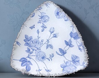Chinoiserie Trinket Dish, Blue & White Glass Plate,  Handmade Jewellery Dish, Decorative Key Bowl, Gift for Her