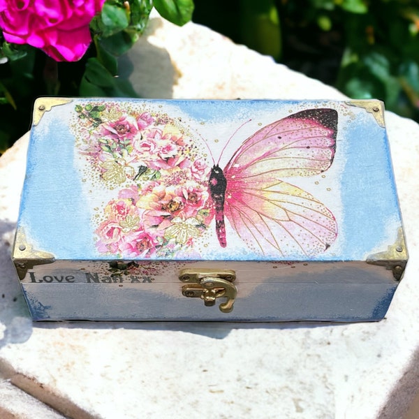 Handcrafted Wooden Trinket Box with Floral Butterfly Design - Decorative Keepsake Box - Rustic Home Decor - Unique Gift Idea