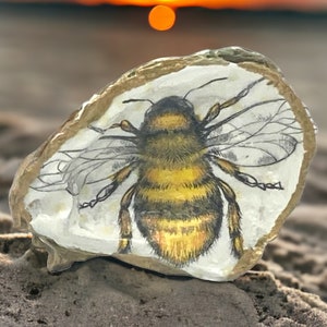 May include: A hand-painted bee on an oyster shell. The bee is yellow and black with brown wings. The oyster shell is white with a brown rim.
