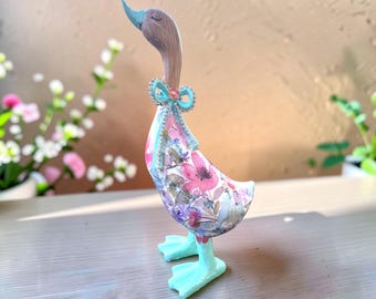 Floral Duck Ornament, Handmade Decoupage Duck Figurine, Pastel Home Decor Gift, Pink Purple Botanical Design