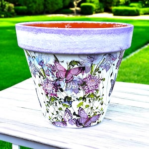 Hand-Painted Italian Terracotta Plant Pot: Purple Butterfly Floral Garden Decor