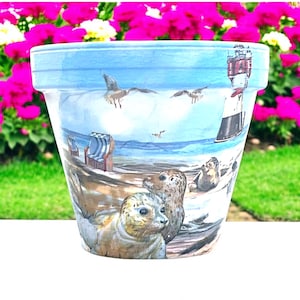 Nautical Plant Pot, Terracotta Plant Pot, Coastal Decor, Plant Pot with Drainage Hole, Seal Plant Pots, Lighthouse Decor, Gift for Mum, Gift