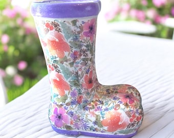 Floral Decoupage Wellington Boot Planter, Ceramic Wellie