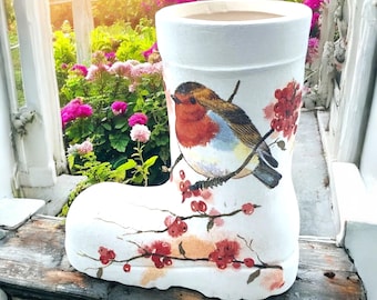 Robin Planter, Welly Planter, Wellie Boot Planter, Robin Plant Pot, Robin Gifts, Robin Decor, Robin Garden Decor, Gift for Mum, Gift for Nan
