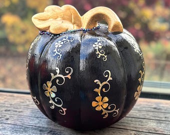 Decorative Black and Gold Ceramic Pumpkin with Gold Leaf Stem