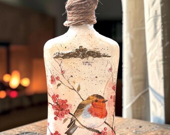 Robin & Berry Bottle, Handmade Christmas Décor, Bottle Lamp