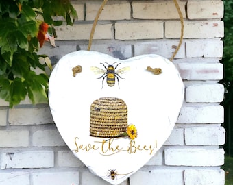 Schieferherzen, Schieferherz für den Garten, Rettet die Bienen, Bienendekor, Bienengeschenke, Einzigartige Bienengeschenke, Bestäuberbewusstseinsgeschenke, Bienengartendekor
