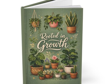 Può includere: Un diario con copertina rigida verde con illustrazioni di piante in vaso e la scritta "Rooted in Growth". Il design include piante sospese, piante grasse e altra vegetazione, creando un tema botanico.