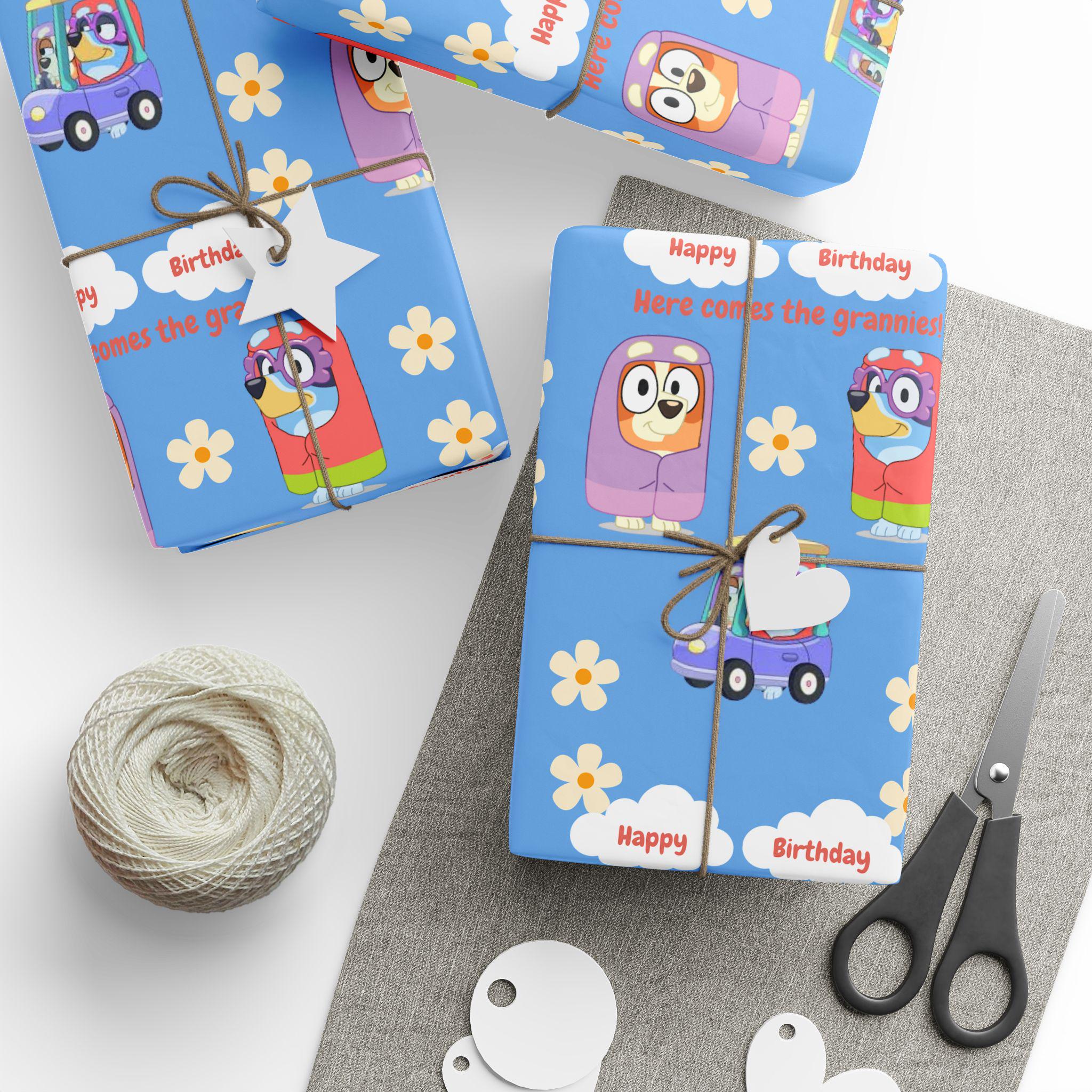 Papeles de regalo de cumpleaños, papel de regalo, diseño de la abuela Bluey, celebración de feliz cumpleaños, artículos para fiestas