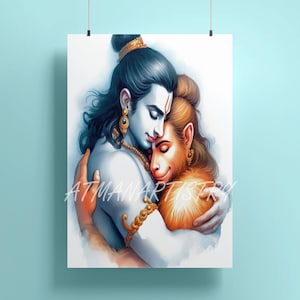 Lord Rama und Hanuman Digitaldruck, Illustration, Kunst, Sanatan Geschichte, Hinduismus, Wandkunst, Instant Download, spirituelle Wandkunst, Geschenk.