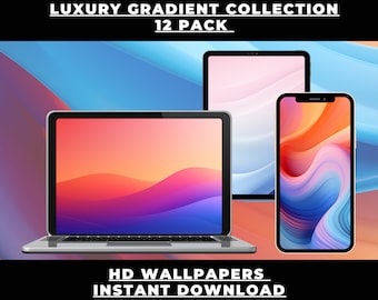 May include: A collection of 12 HD wallpapers featuring abstract gradient designs in vibrant colors. The wallpapers are displayed on a laptop, tablet, and smartphone.