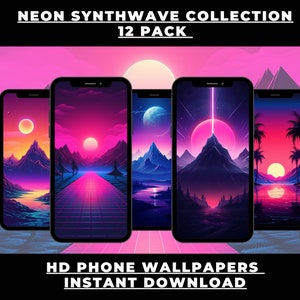 Può includere: Una collezione di 12 sfondi per telefono synthwave al neon. Gli sfondi presentano una varietà di scene, tra cui montagne, tramonti e palme. I colori sono vivaci e vibranti, e lo stile generale è retrò e futuristico.