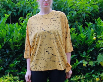 80s Yellow and Black Splatter Print Chic Shirt 3/4 Sleeves