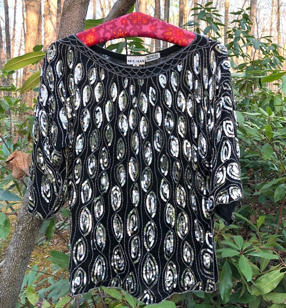 Vintage Silk Sequined and Beaded Black Top from Sh